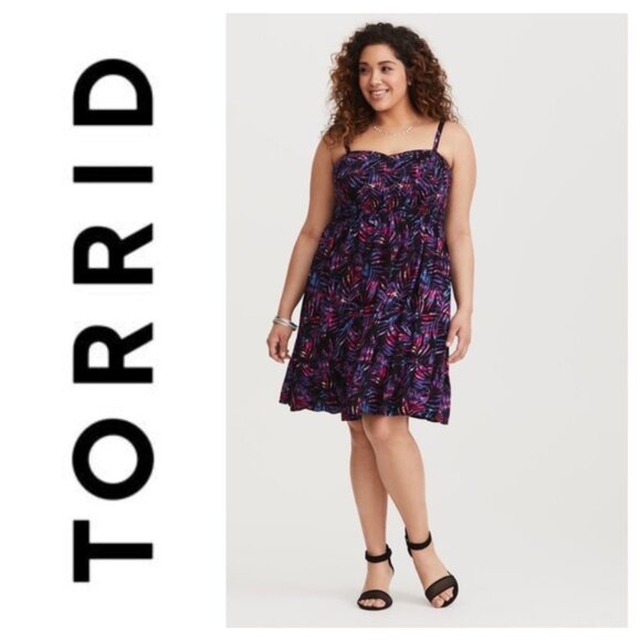 Torrid Smocked Pink and Purple Palm Leaf Dress - Plus Size: 2x - Picture 11 of 11
